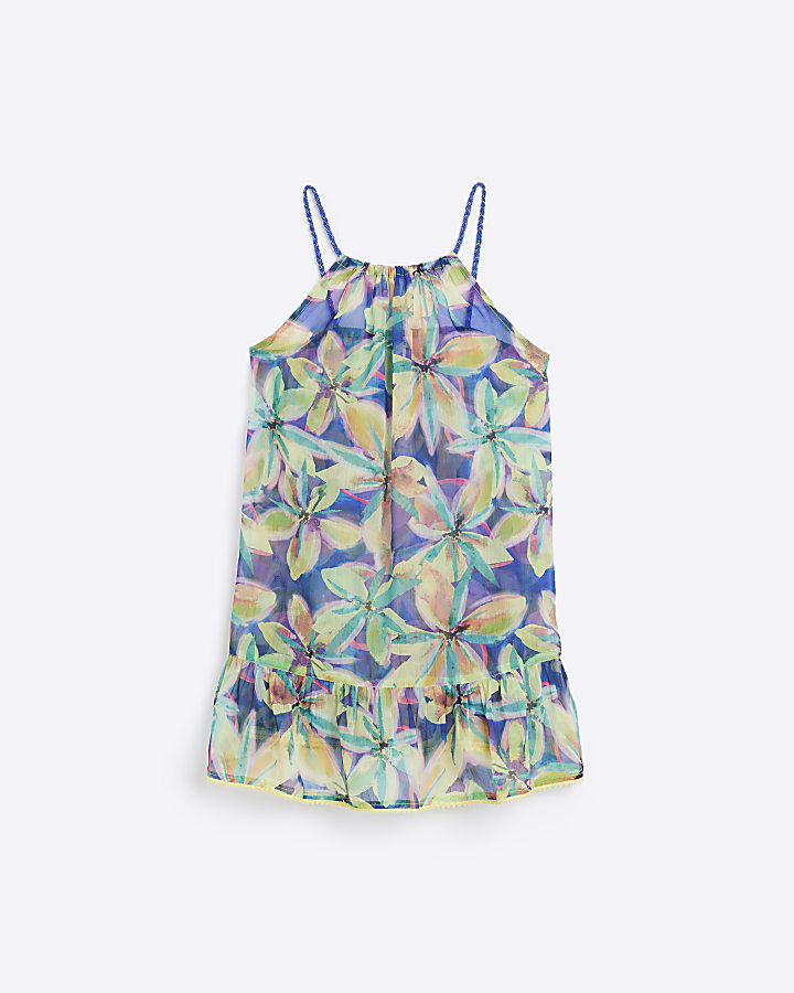Girls Blue Oversized Sheer Floral Beach Dress