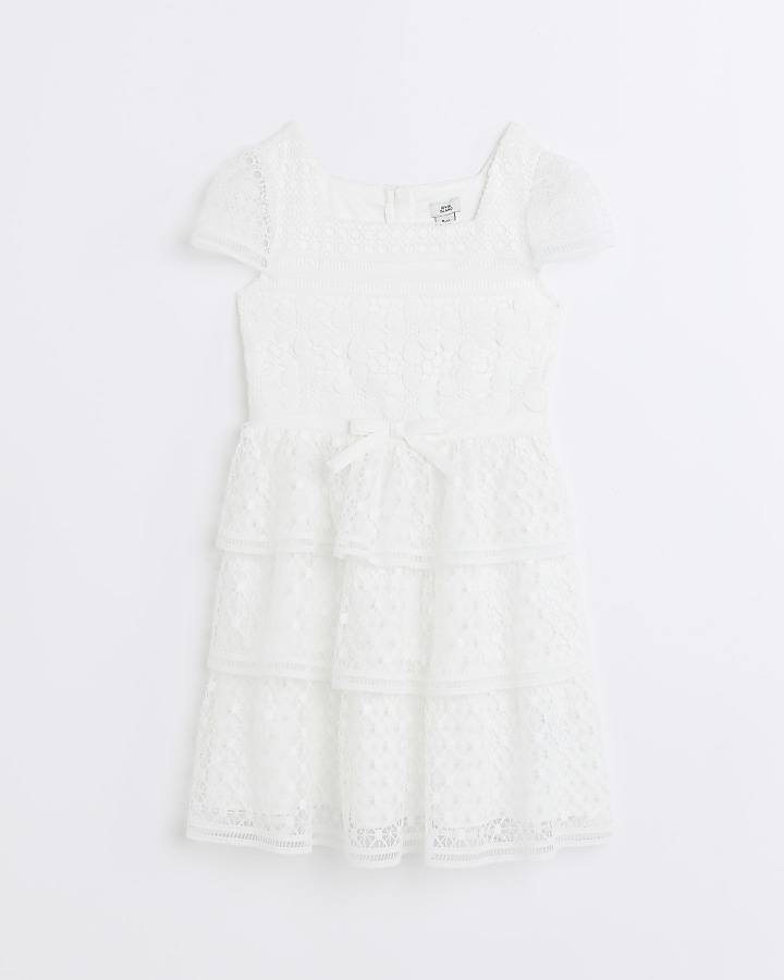 Girls white Lace Tiered skater dress