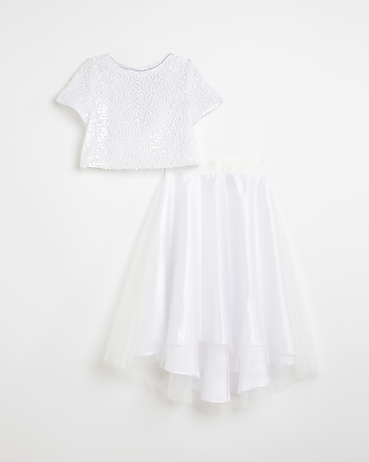 Girls white sequin embellished skirt set