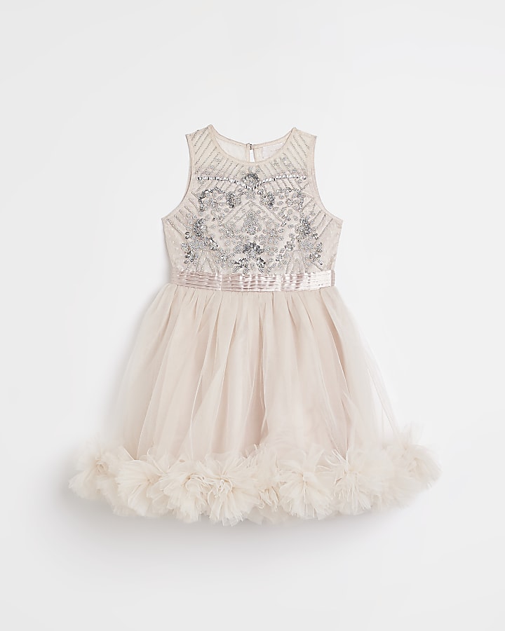 Girls Pink Embellished Rosette Hem Dress