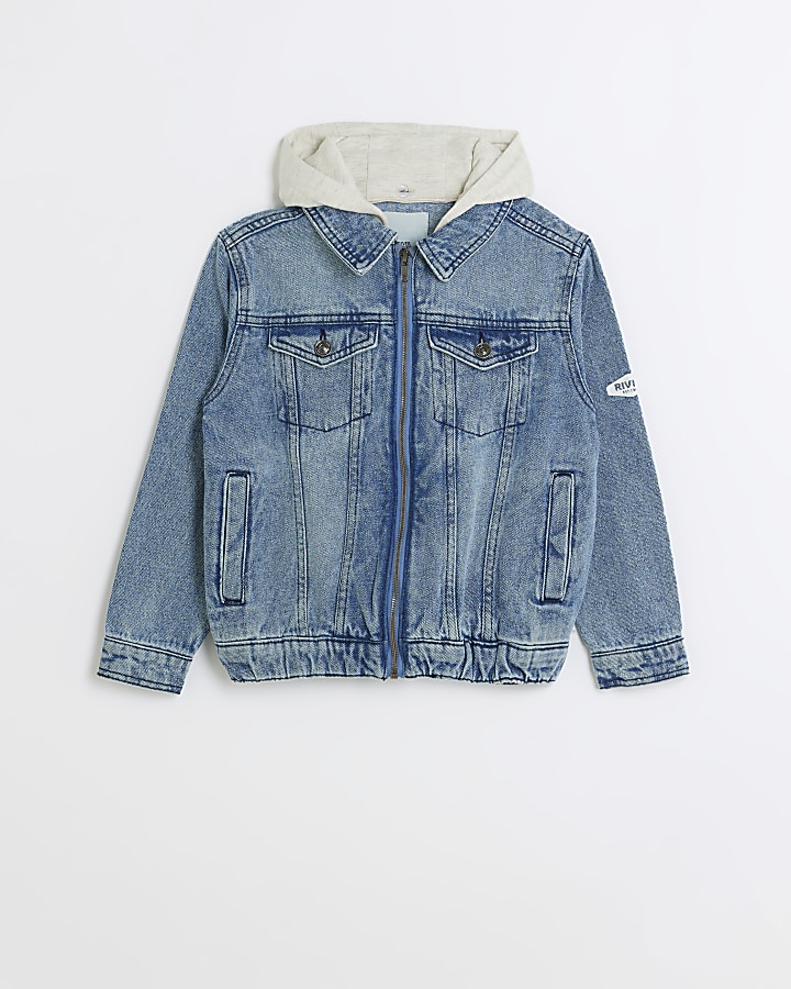 Boys blue hooded denim bomber jacket River Island