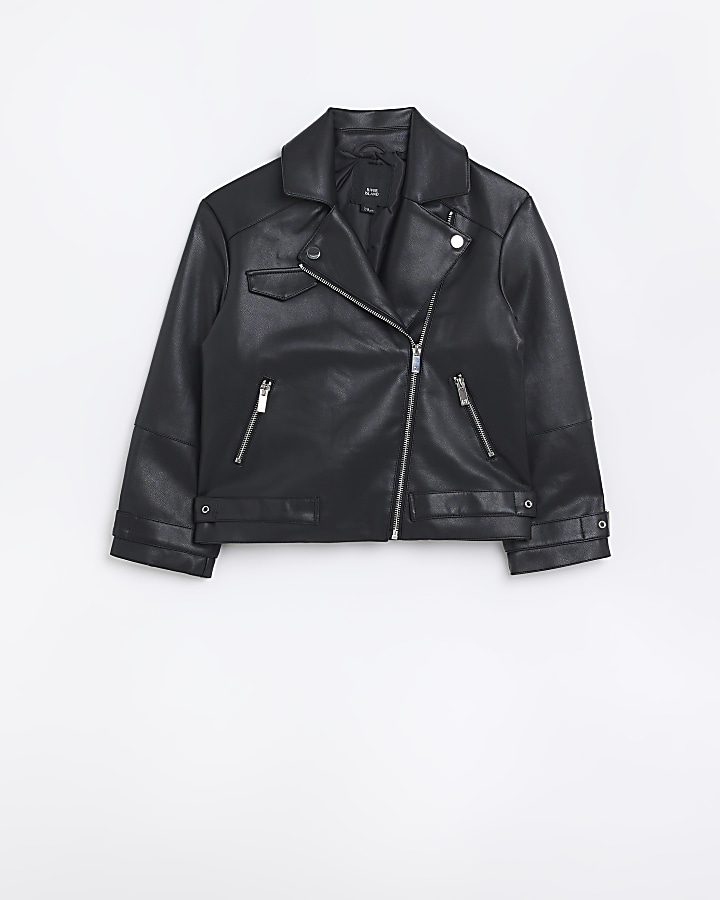 Girls Black faux leather biker jacket | River Island