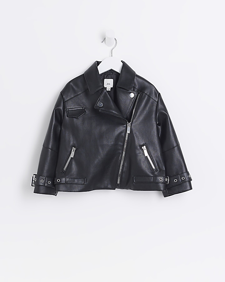 Mini Girls Black faux leather biker jacket