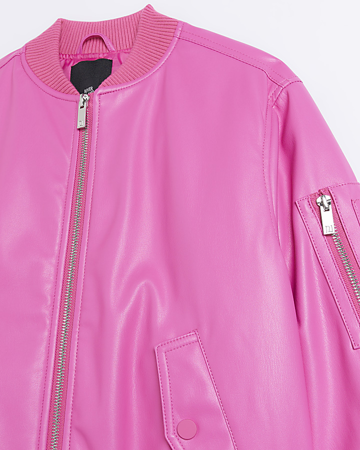 Girls pink faux leather bomber jacket River Island