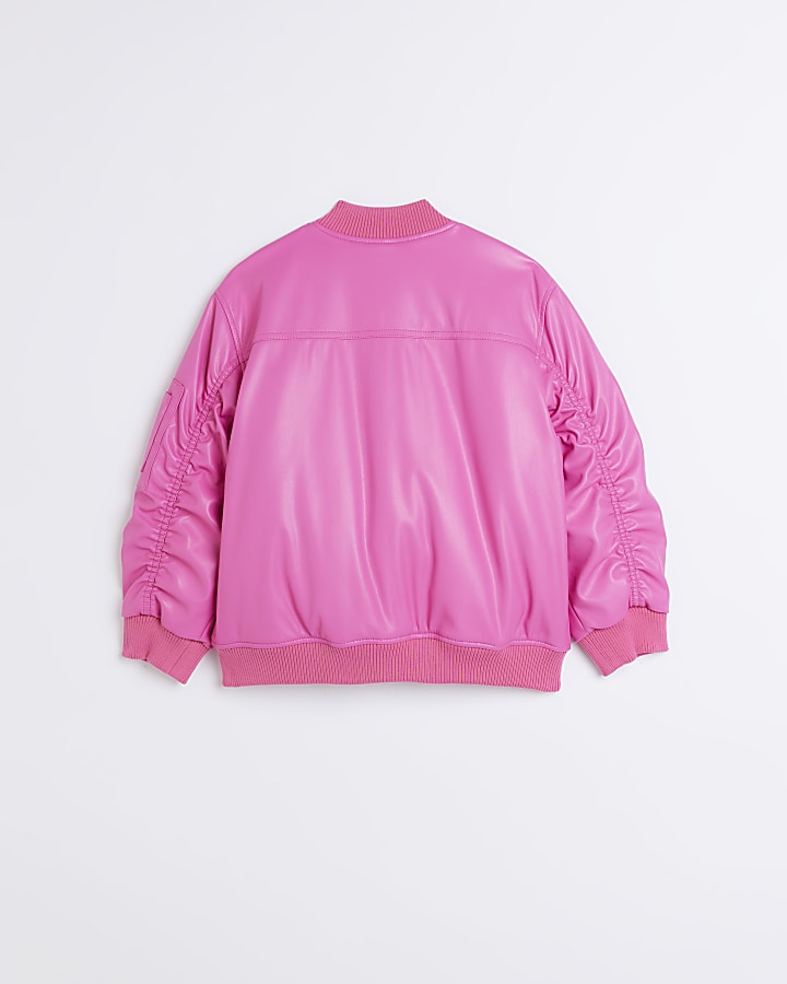 Girls pink faux leather bomber jacket River Island