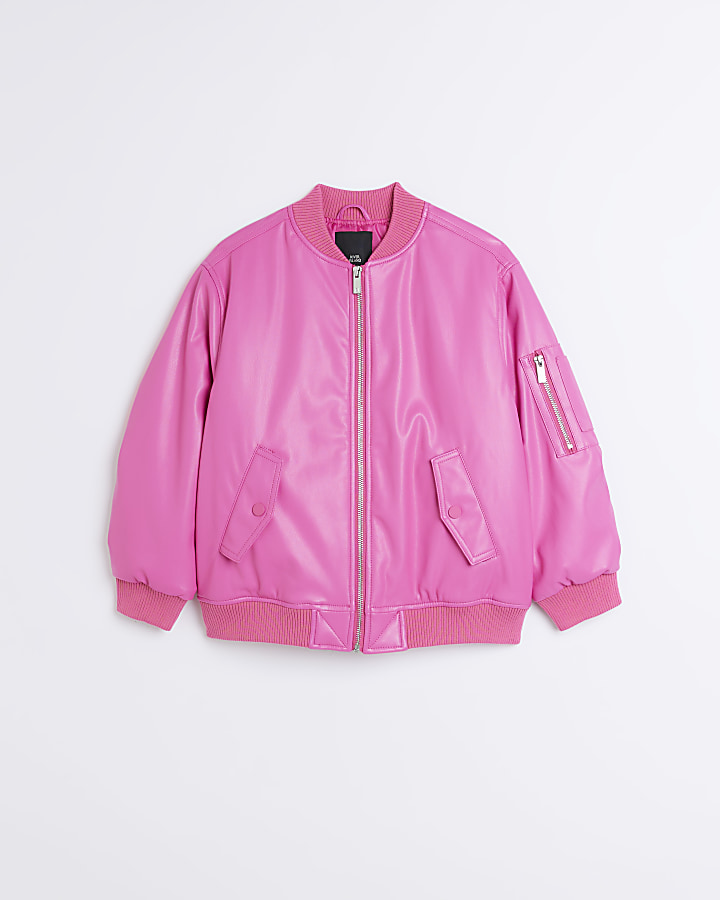 Girls pink faux leather bomber jacket