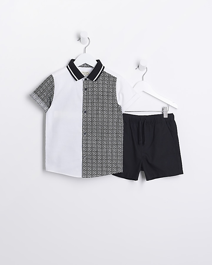 Mini Boys Black Monogram Oxford Shirt Set