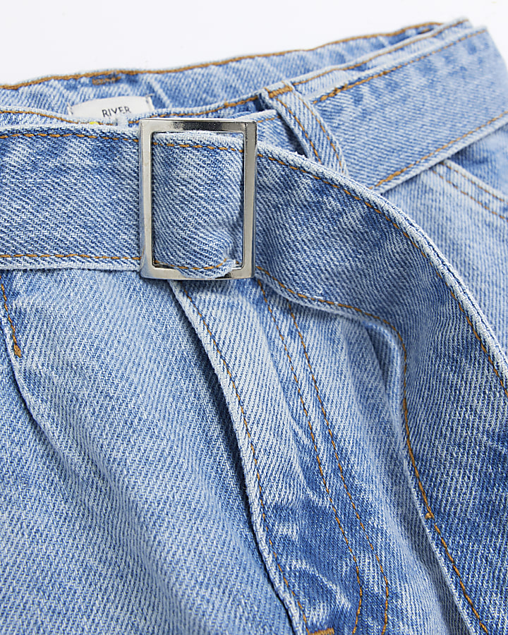Girls Blue Denim Belted Wide Leg Jeans | River Island