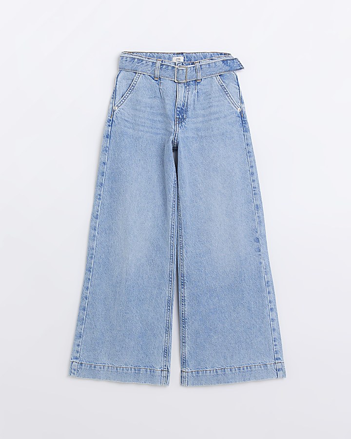 Girls Blue Denim Belted Wide Leg Jeans