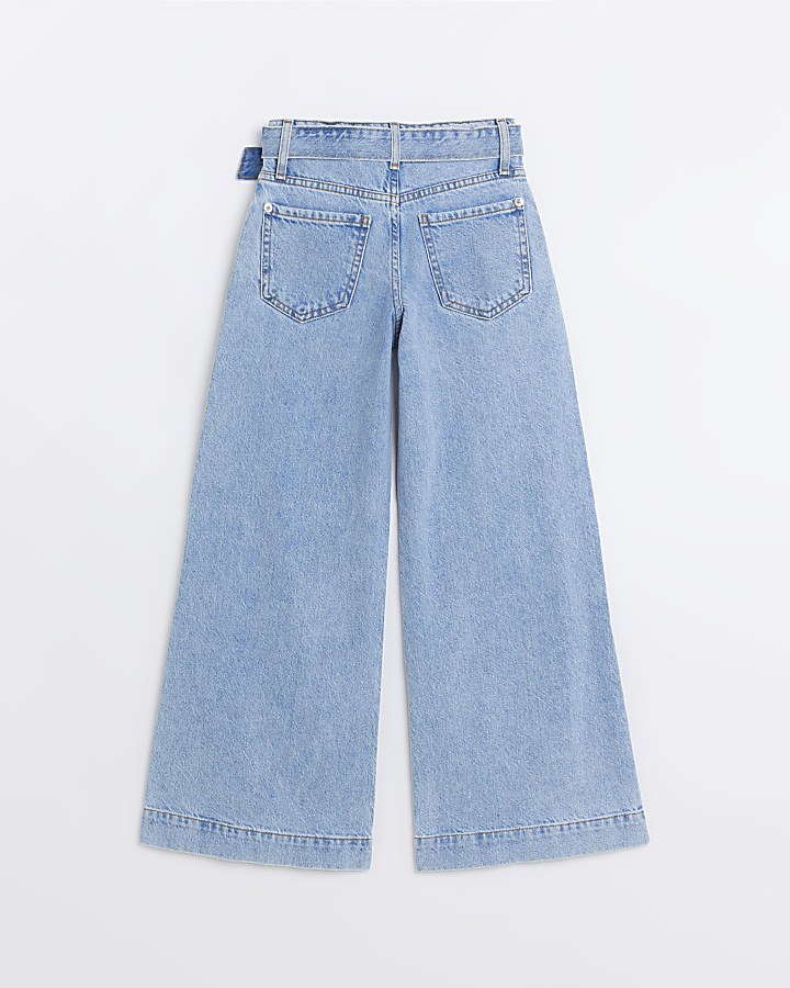 Girls Blue Denim Belted Wide Leg Jeans | River Island
