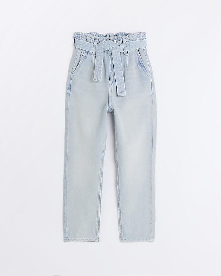 Girls Blue Denim Paper Bag belted Jeans