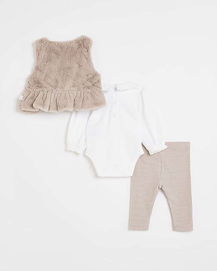BABY GIRLS Beige FAUX FUR GILET OUTFIT