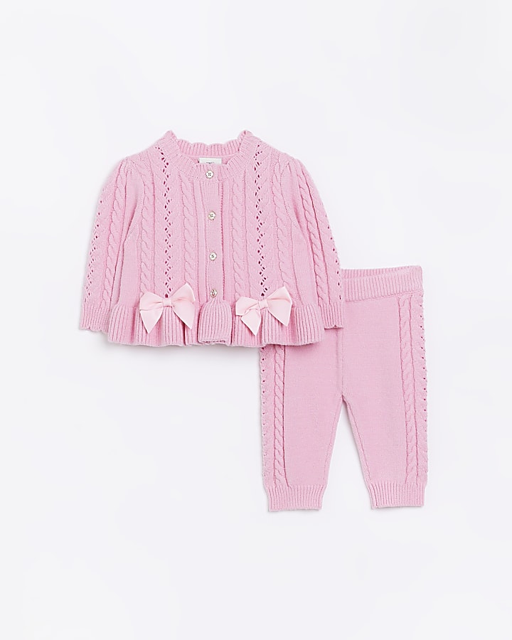 Baby Girls Pink Bow Cable Knit Cardigan Set