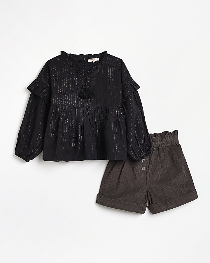 Girls Black Stripe Blouse and Shorts Outfit