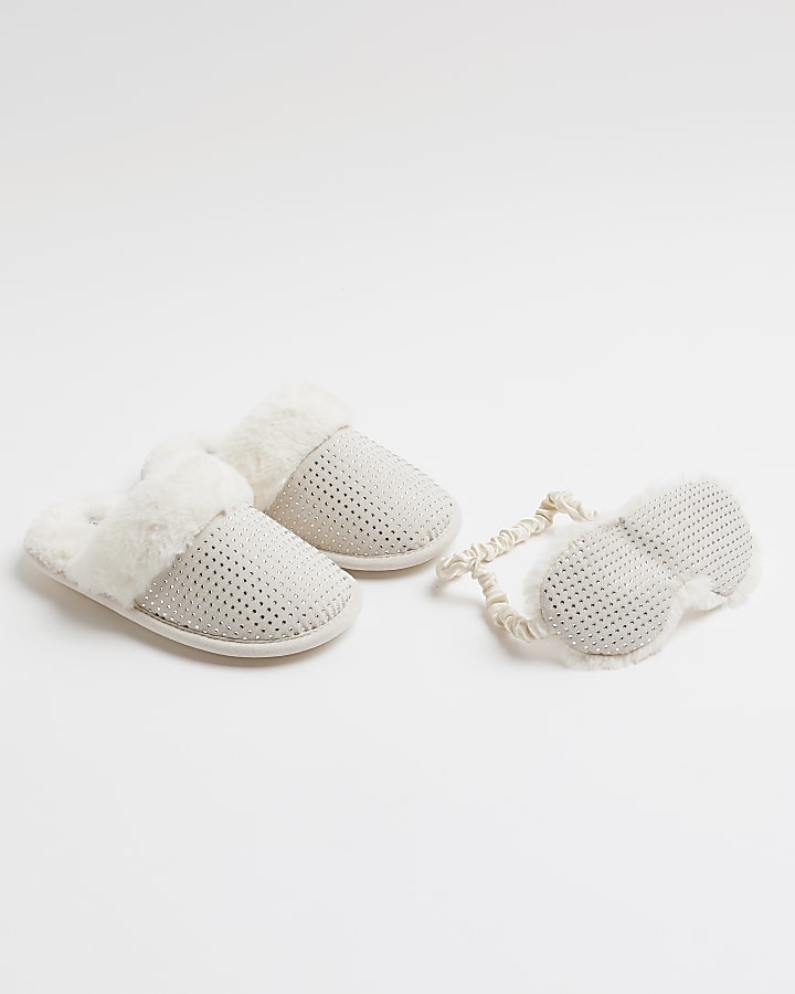 Girls Beige Diamante Slippers Gift Set River Island