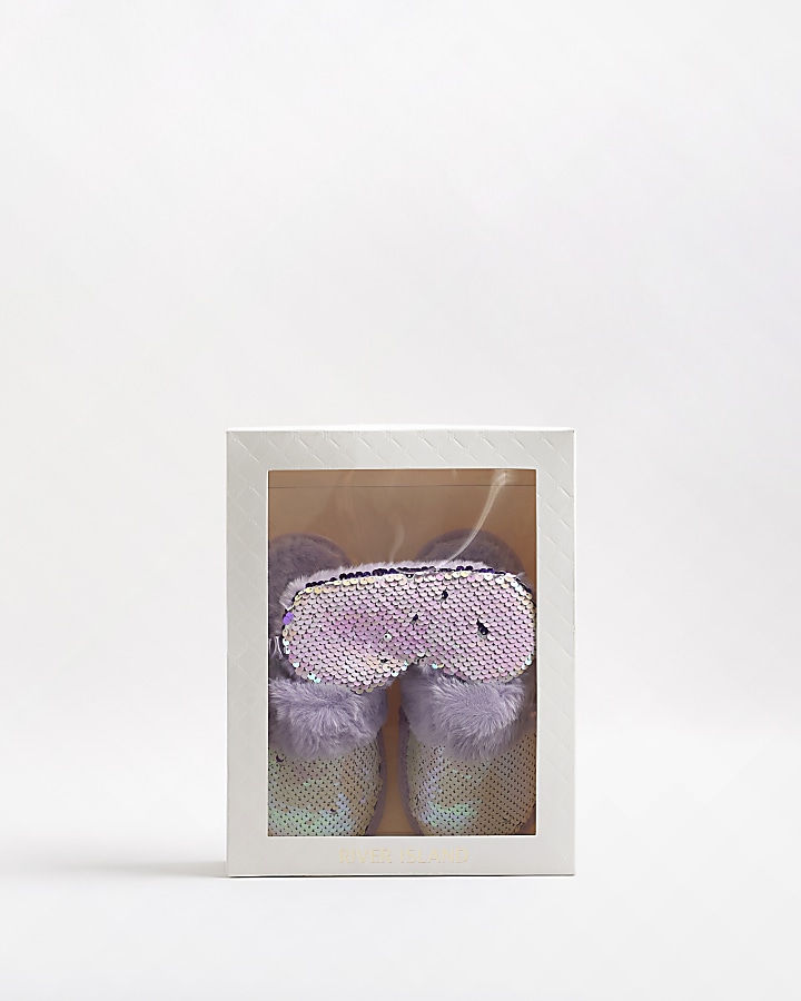 Girls Purple Faux Fur Sequin Slipper Gift Set