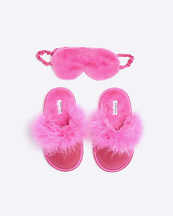 Girls pink faux fur slippers and eye mask set