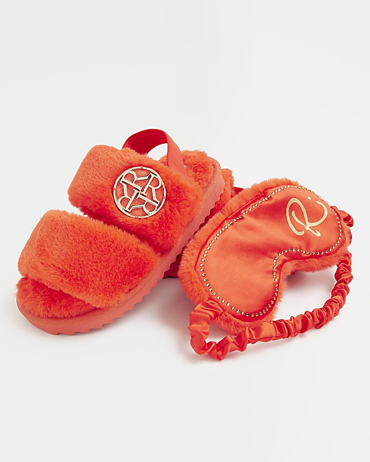 Girls Orange Faux Fur Sliders Gift Set