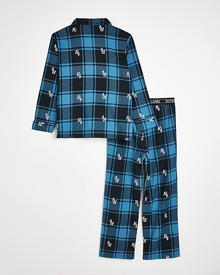 Kids Blue RI monogram Check Pyjamas River Island