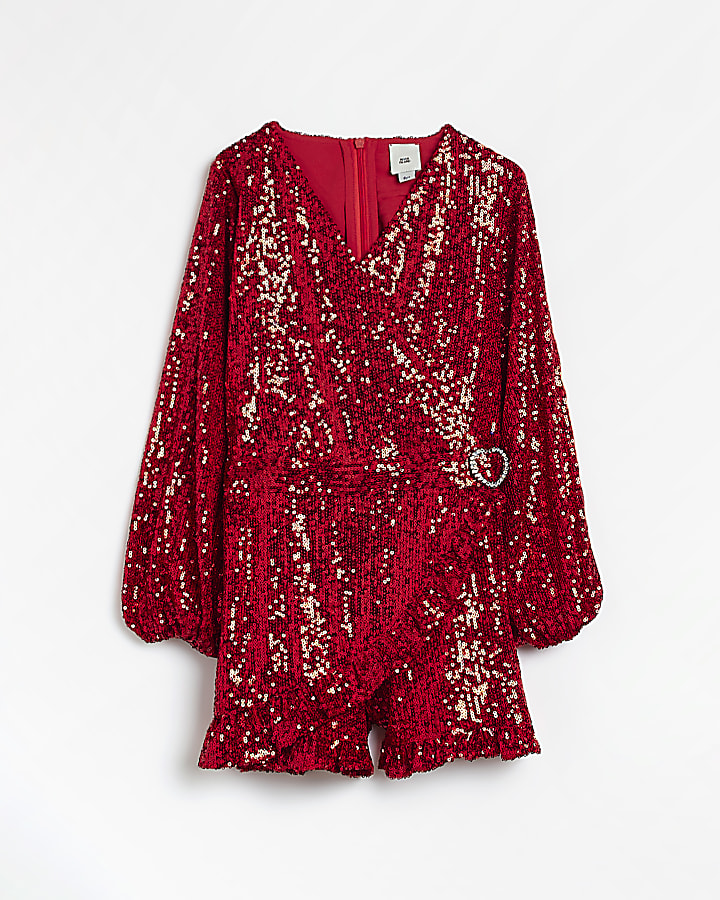 Girls red sequin heart buckle wrap Playsuit | River Island