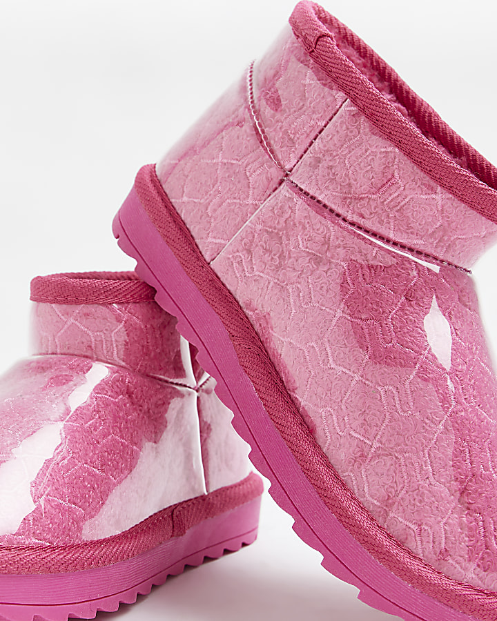 Girls Pink Vinyl Faux Fur Lined Ankle Boots