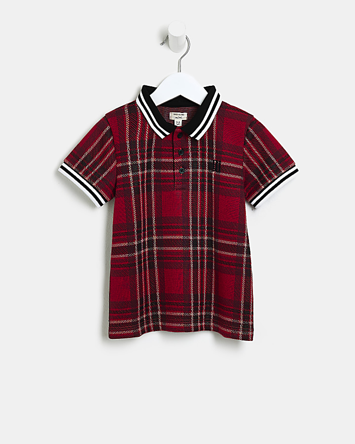 Mini Boys Red Tartan Checked Polo Shirt