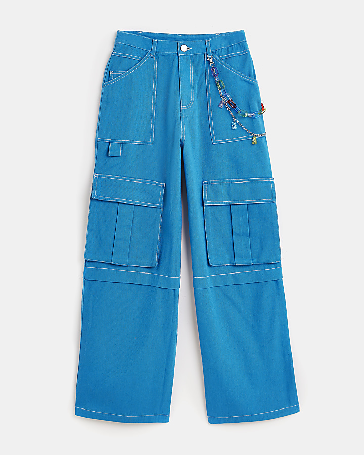 Girls Blue Chain Pocket Cargo trousers