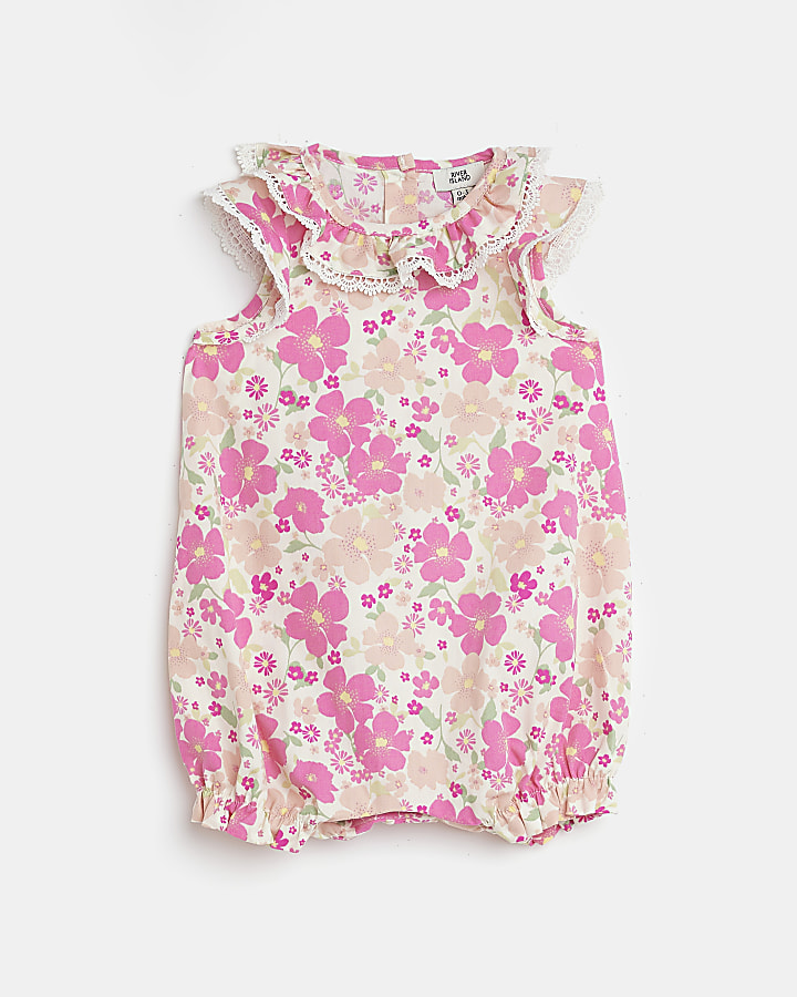 Baby girls Pink Floral frill Romper | River Island