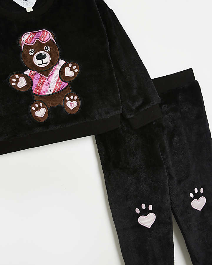 Mini girls black bear cosy loungewear set