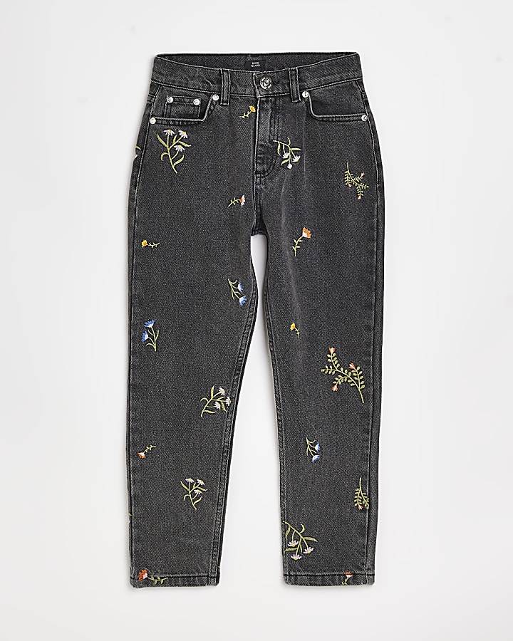 Girls Black Floral Embroidered Mom Jeans