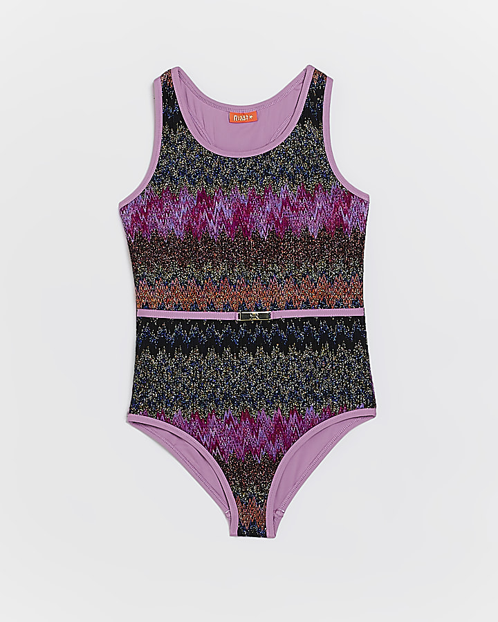 Girls Pink Glitter Belted Jacquard Swimsuit | River Island