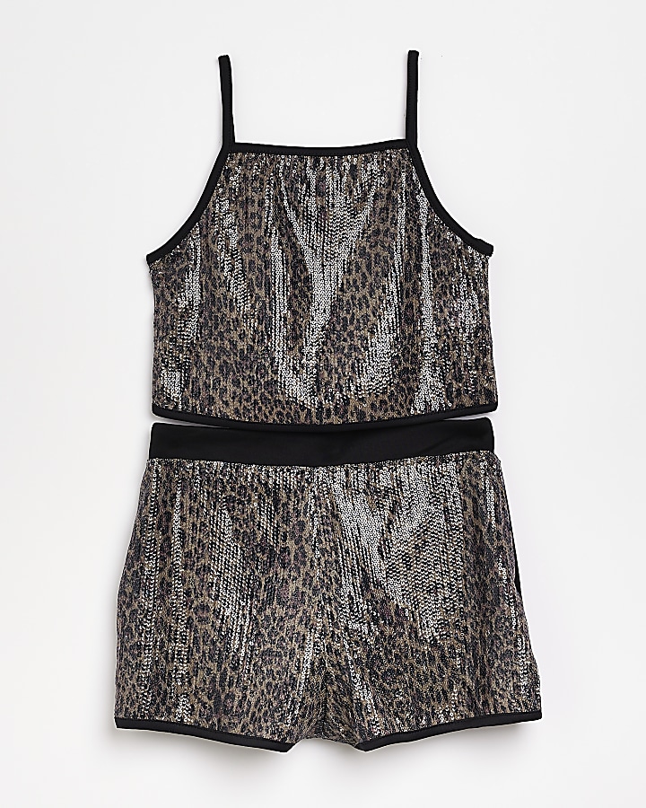 Girls Black Animal print Sequin outfit