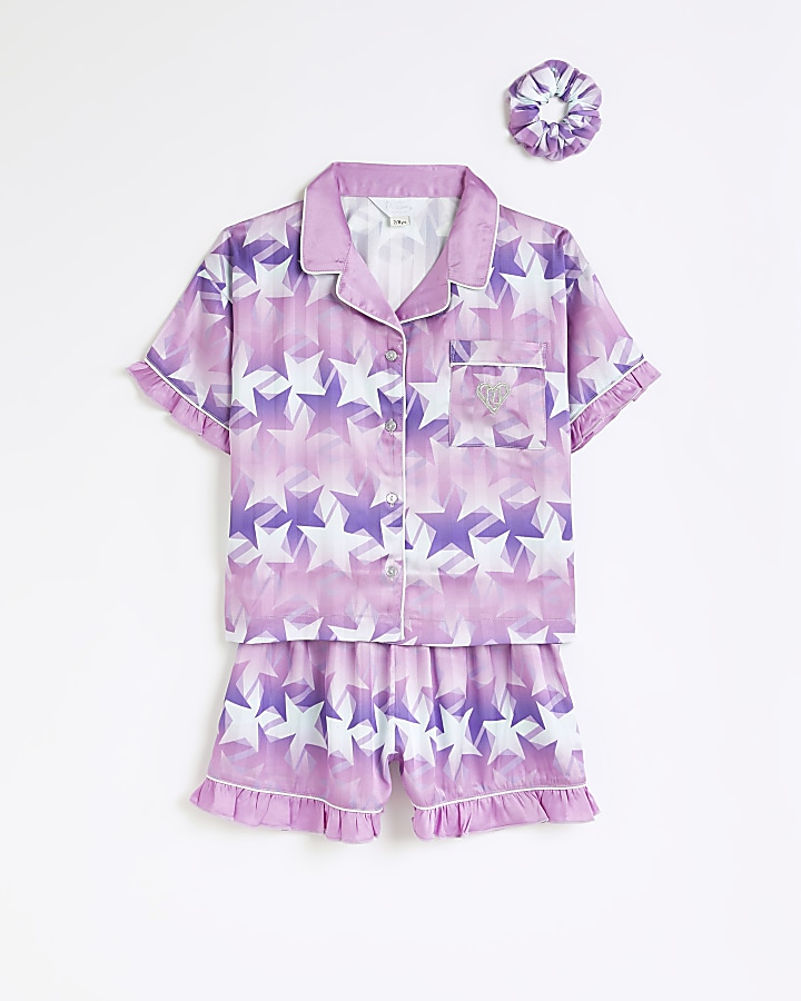 Girls Purple Satin Star Print Pyjama Set