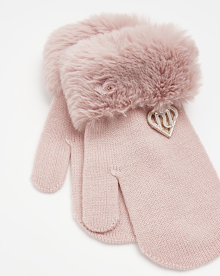 Mini girls Pink faux fur Mittens