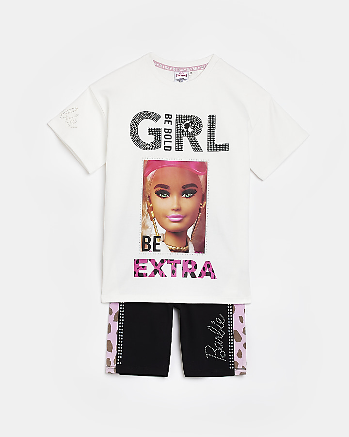 Girls White RI x Barbie Longline t-shirt Set