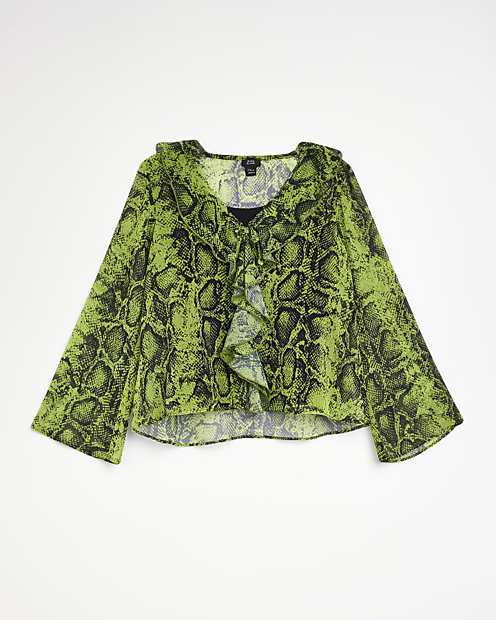 Girls green Snake print frill top