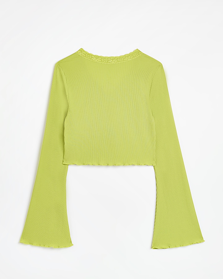 Girls green lace trim ribbed top