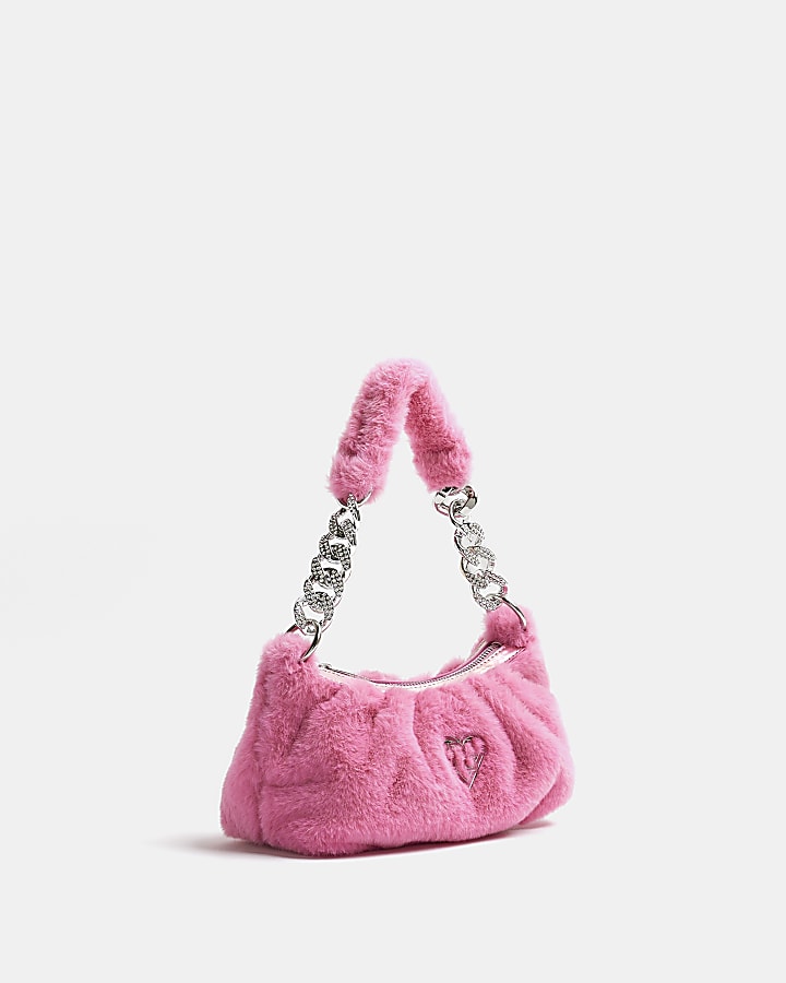 Girls Pink Faux Fur Chain Strap Shoulder Bag