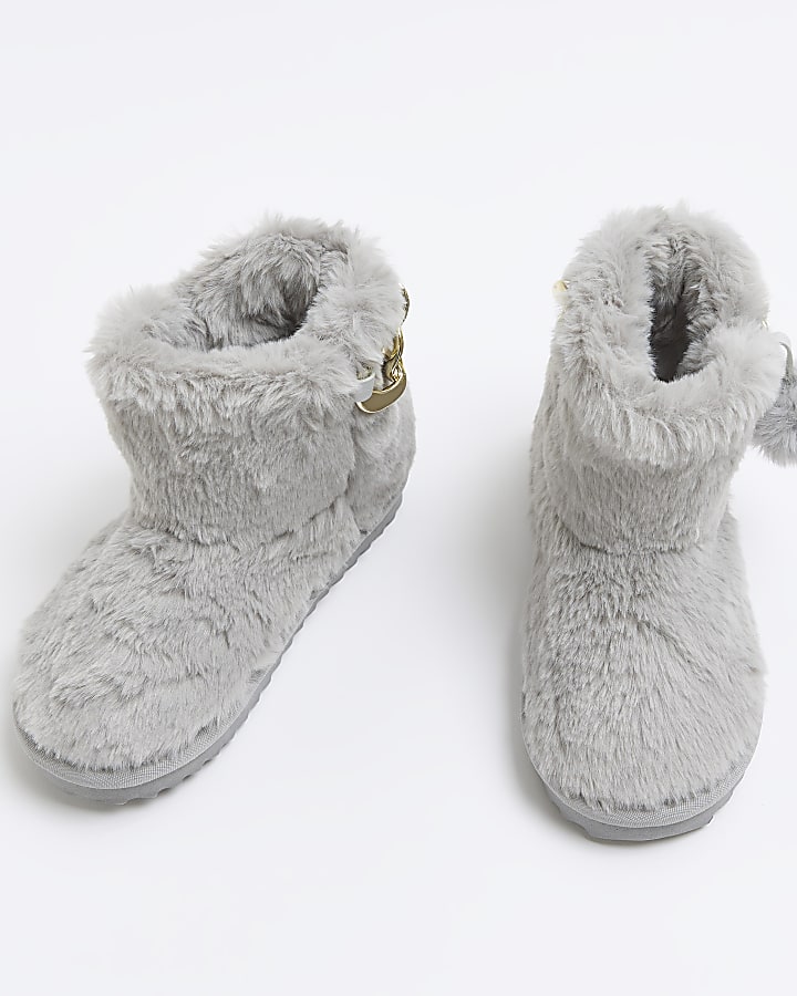 Girls grey faux fur high top slipper boots