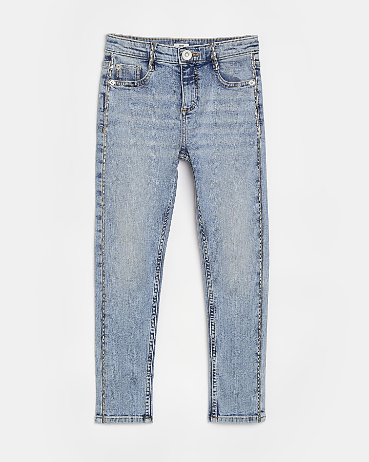 Girls Blue Denim Bling Skinny Jeans | River Island