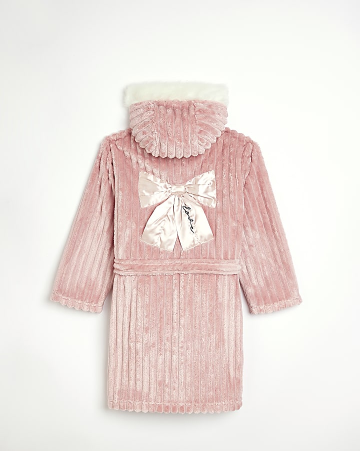 Girls Pink Satin Bow cosy rib Dressing Gown