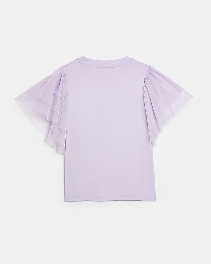 Girls Purple Mesh Frill Sleeve T-shirt