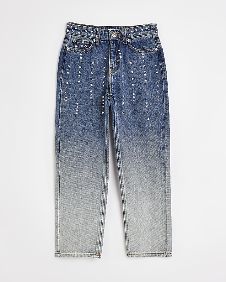 Girls Denim Ombre Embellished Mom Jeans