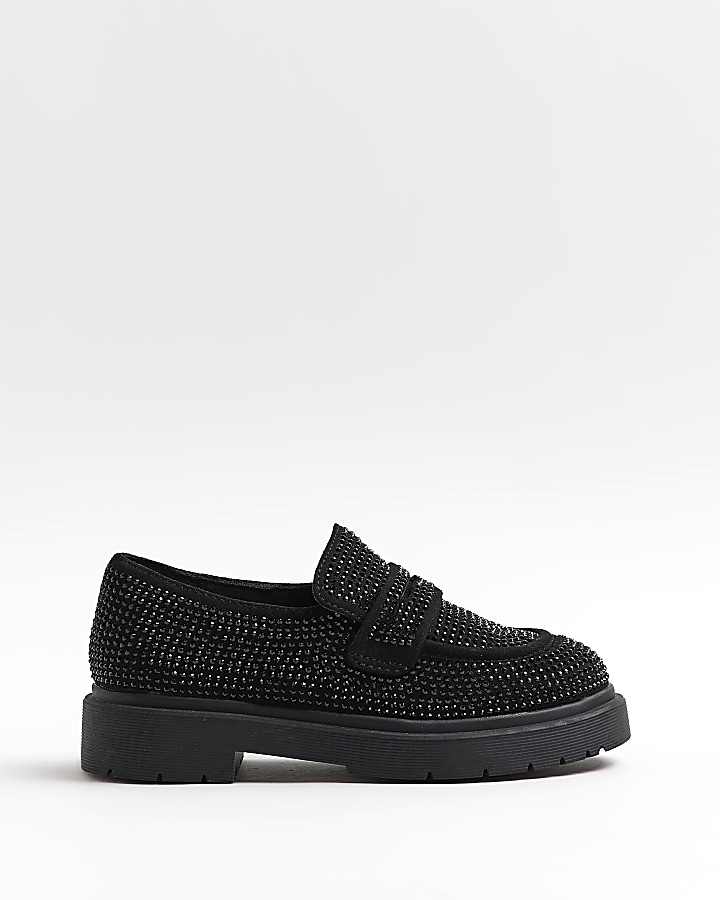 Girls Black Embellished Loafers