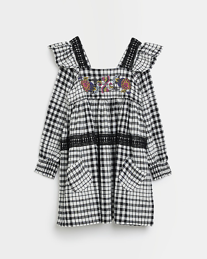 Girls black check print frill dress