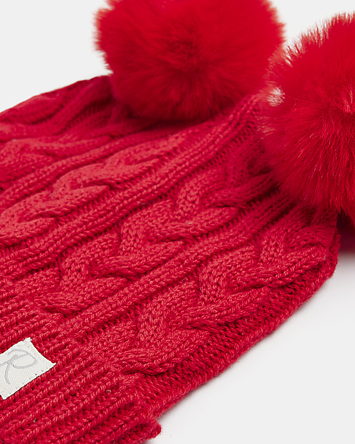 Baby Red Cable Knit Pom pom Beanie hat