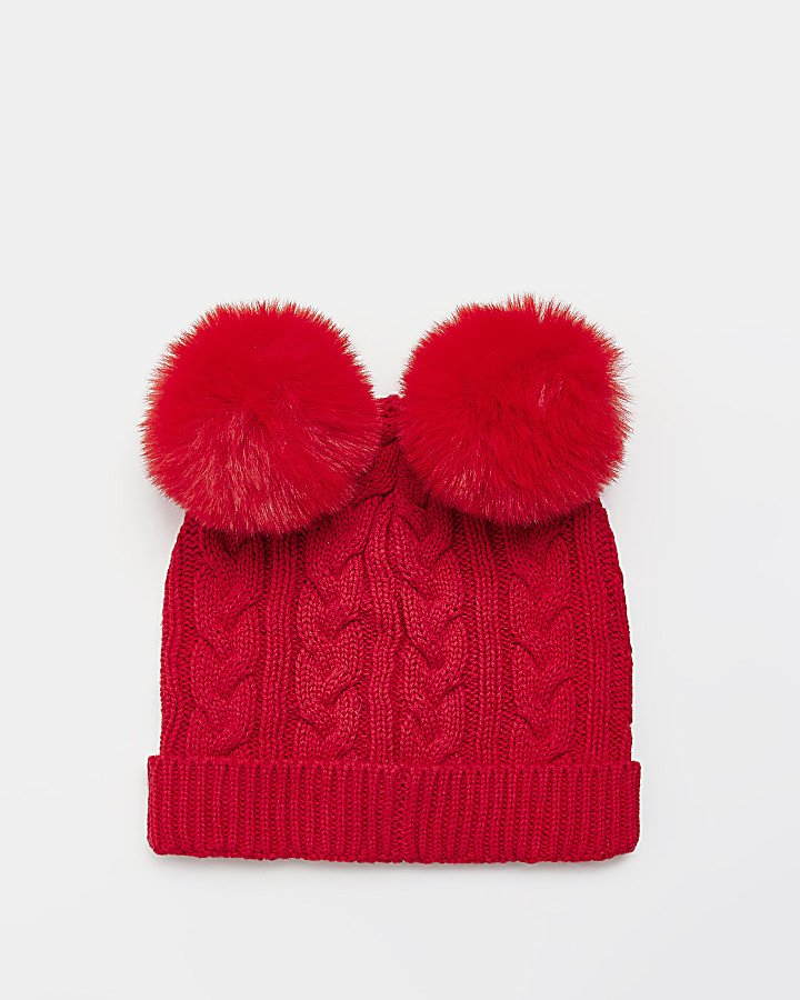 Baby Red Cable Knit Pom pom Beanie hat