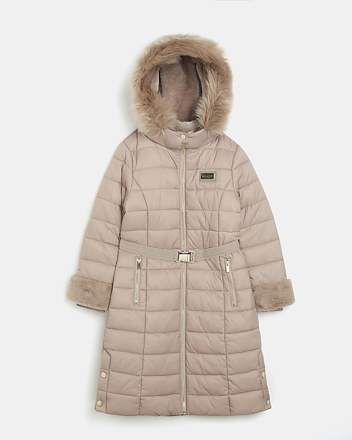 Girls Stone Hooded Faux Fur Trim Puffer Coat