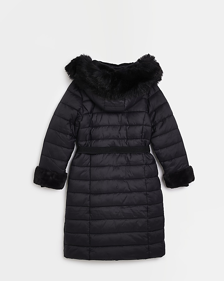 Girls Black Longline Hooded Puffer Coat