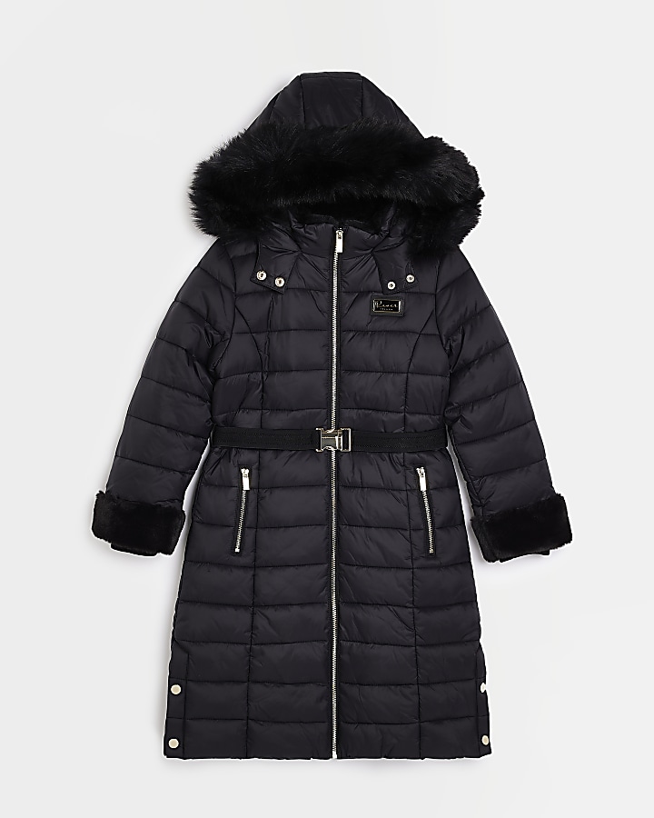 Girls Black Longline Hooded Puffer Coat